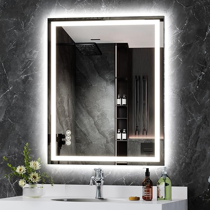 LED Bathroom Mirror 28x32 Inch Anti-Fog Bathroom Mirror with Lights, Wall Mounted Lighted Vanity Mirrors, Dimmable, Backlit + Front Lit, Smart Bathroom Vanity Mirror with 3 Colors Temperature