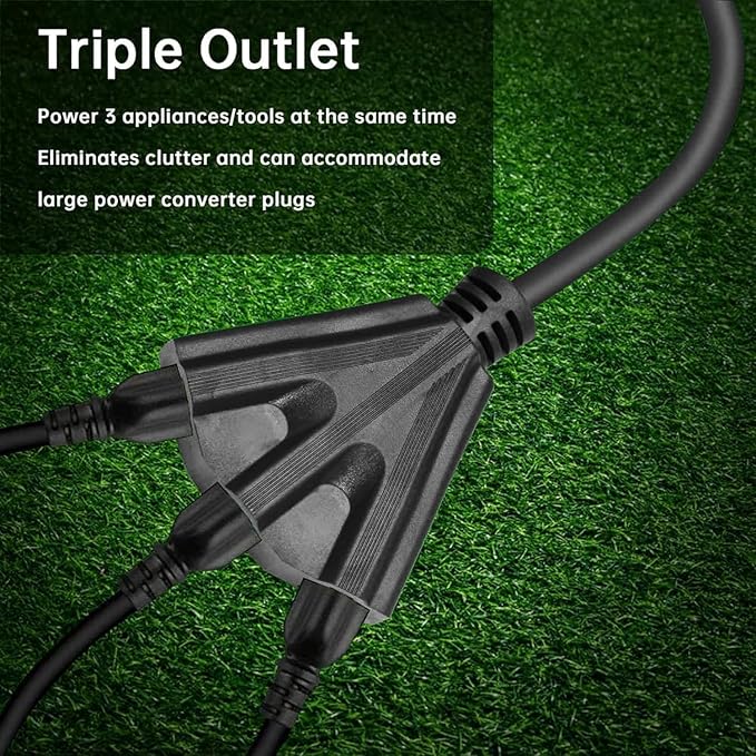 3-Outlets Indoor Outdoor Extension Cord Weatherproof, UL Certified, 16 Gauge 12FT Black 3 Prong Heavy Duty, 16/3 SJTW 13A Power Cord