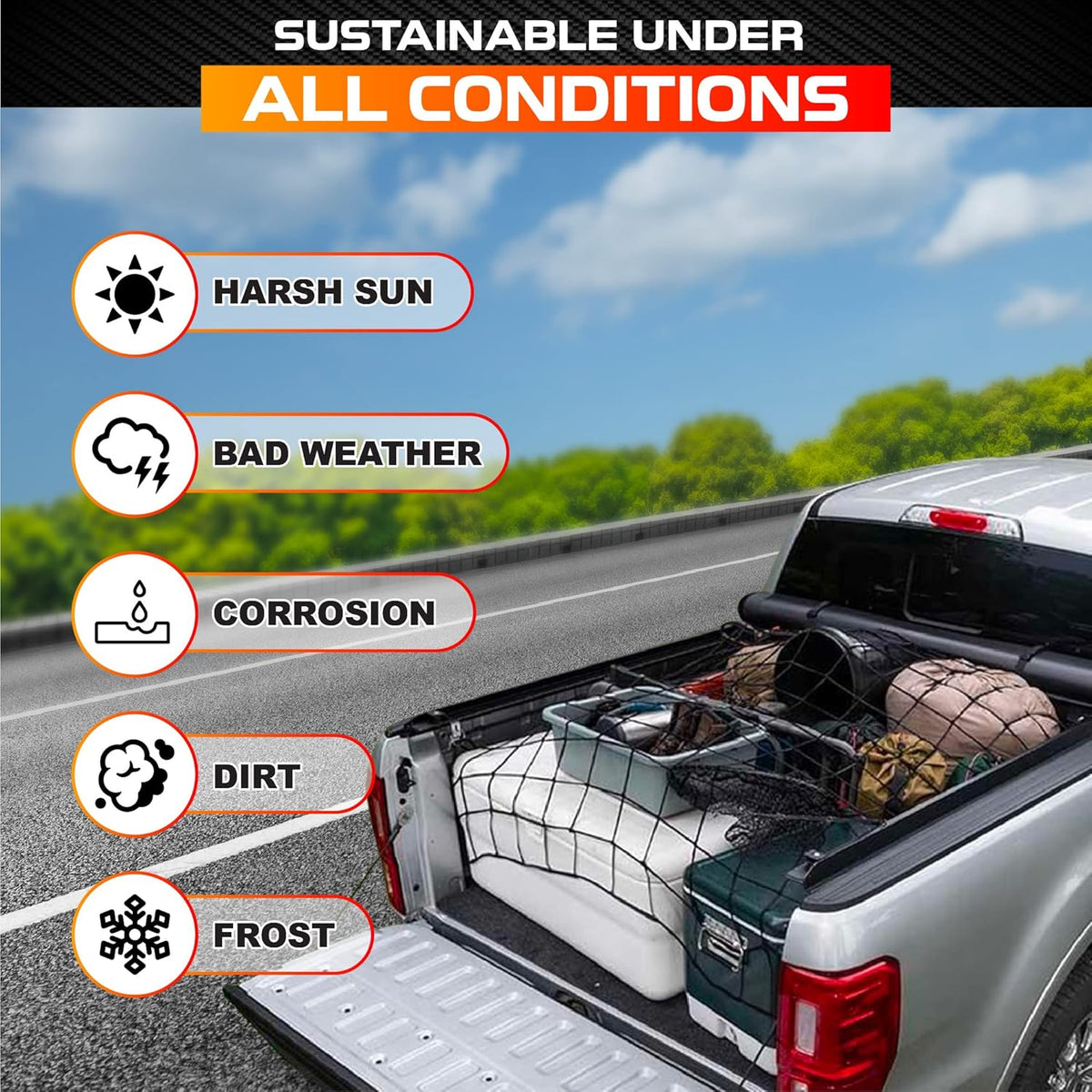 5'x7' Cargo Net Pickup Truck Bed Stretch to 10'x14' Heavy-Duty 10mm Bed Net
