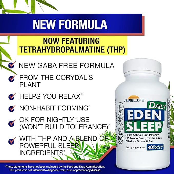 Eden Daily Sleep [New GABA Free Formula] – Fall Asleep Faster, Relax Your Muscles, Promote Deep and Restful Sleep (30 Vegan Capsules)