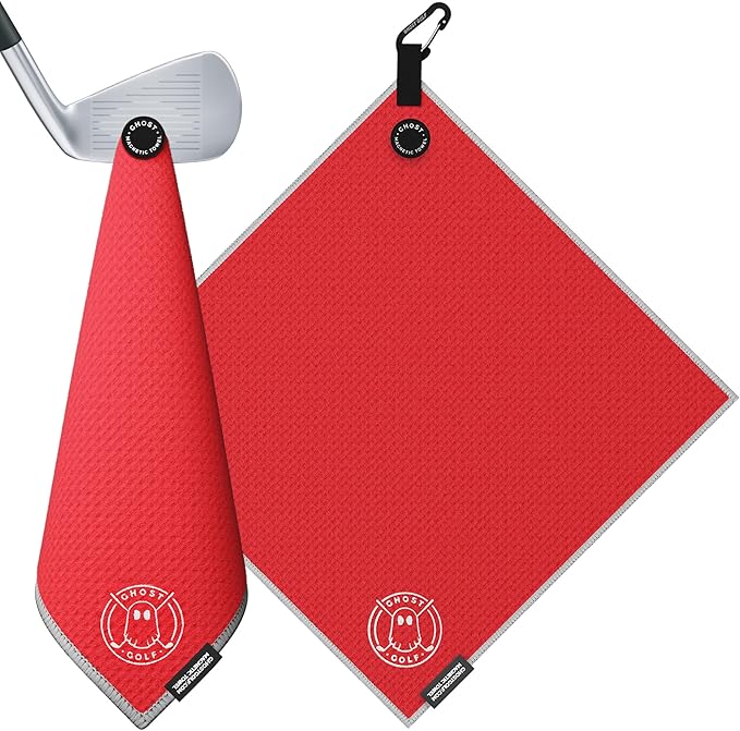 Ghost Golf Magnetic Towel (Greenside) - Premium Ultra-Absorbent Microfiber Golf Towel with Magnet for Golf Carts or Clubs - 18" x 18" Golfing Gear - Waffle Weave Pattern (Red)