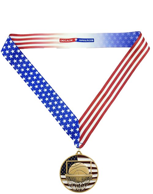 Decade Awards Patriotic Basketball Medal, Gold - 1st Place Basketball Medal with Stars and Stripes Neck Ribbon (2.75 Inch Wide)