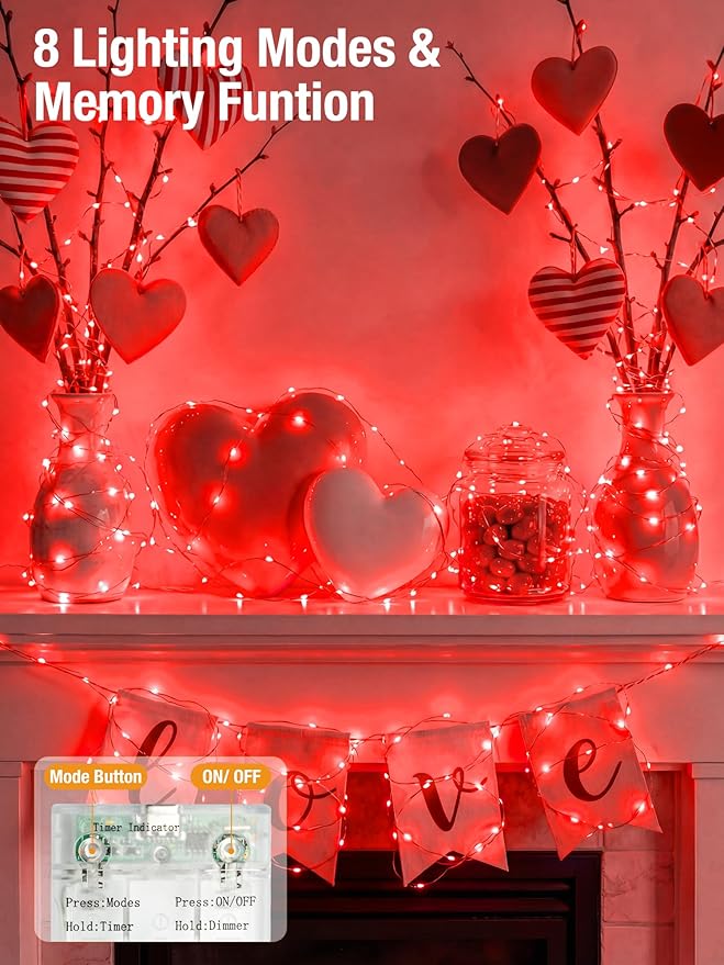 btfarm 4 Pack Valentines Day Fairy Lights Battery Operated with Timer, 16.4 FT 50 LED Silver Wire Twinkle String Lights 8 Modes Dimmable Waterproof for Indoor Party Christmas Bedroom Wedding, Red