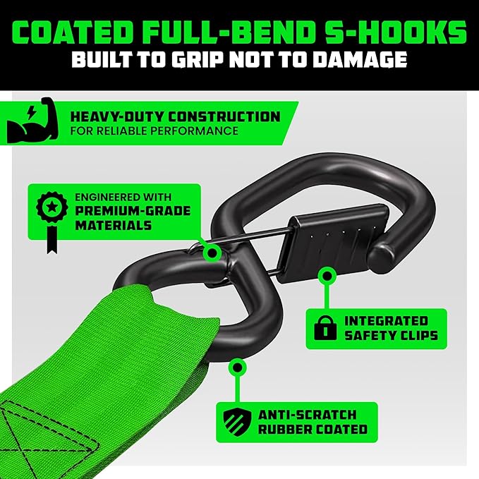 Rhino USA Ratchet Straps Heavy Duty Kit (4-Pack) - 1.6 Inch x 8 Feet Min Break Strength (5,000) - Ultimate Tie Down Straps with Safety S Hooks for Trucks, ATV, UTV, Motorcycle, Cargo & More - Green