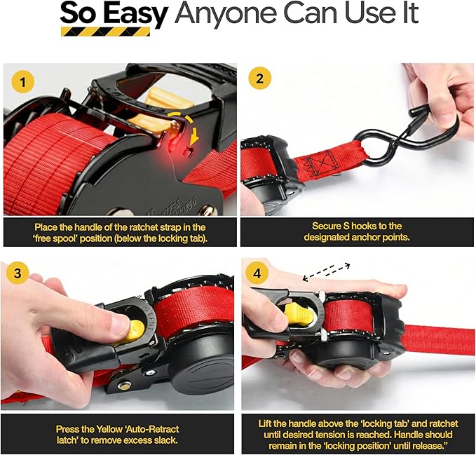 AUGO Retractable Ratchet Straps | 2 Heavy Duty Ratchet Straps Self Retractable Tie Downs with Soft Loops & Storage Bag for Motorcycle, Truck, Trailer, Cargo Van | 1200 Lb Break Strength 1” x 10’