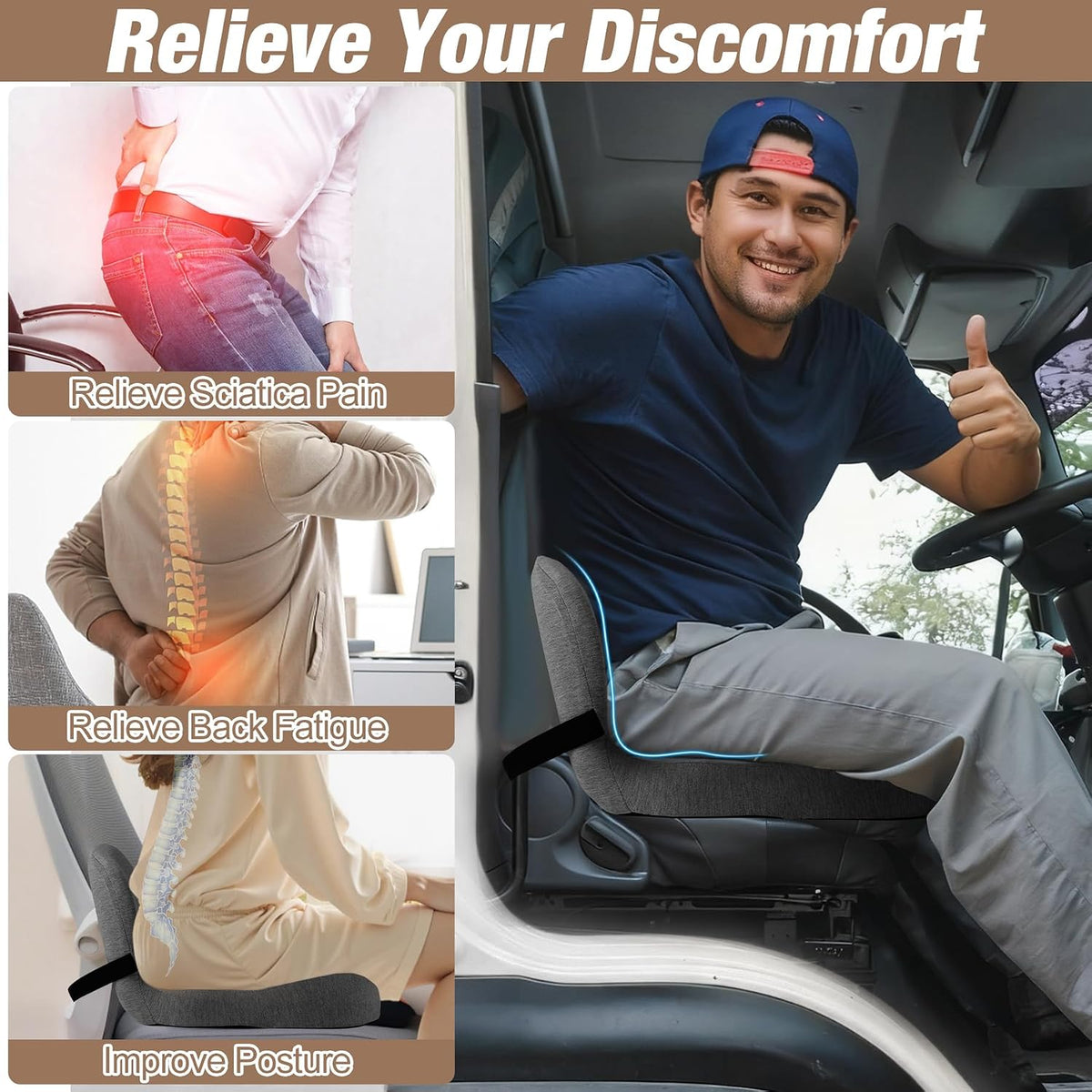 MYFAMIREA Truck Seat Cushion, Memory Foam Trucker Seat Cushion for Truck Driver Long Sitting with Adjustable Strap, Back Support and Pain Relief for Trucker Driving Office Chair and Pain, Dark Gray