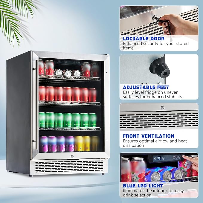 Albott 24 Inch Beverage Refrigerator, Under Counter Fridge with Glass Door | Adjustable Shelves, LED Touch Panel, Built-In or Freestanding Design for Wine and Beer, 34-64℉