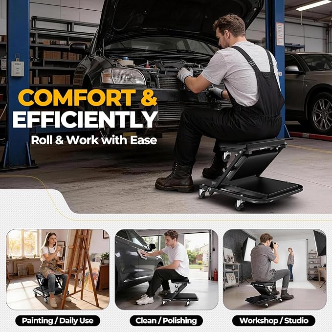 Auto Dynasty 40" Z-Creeper Seat, 2-in-1 Foldable Garage Creeper Shop Seat, 330 LBS Capacity Automotive Mechanic Repair Under Car Rolling Creeper Seat, Black