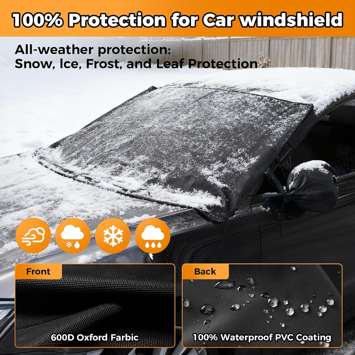 Windshield Cover for Ice and Snow Heavy Duty 600D Oxford Fabric Magnetic Windshield Protector for Car SUV Truck Windproof Waterproof Frost Cover with Side Mirror Covers (Medium (69"x42"))