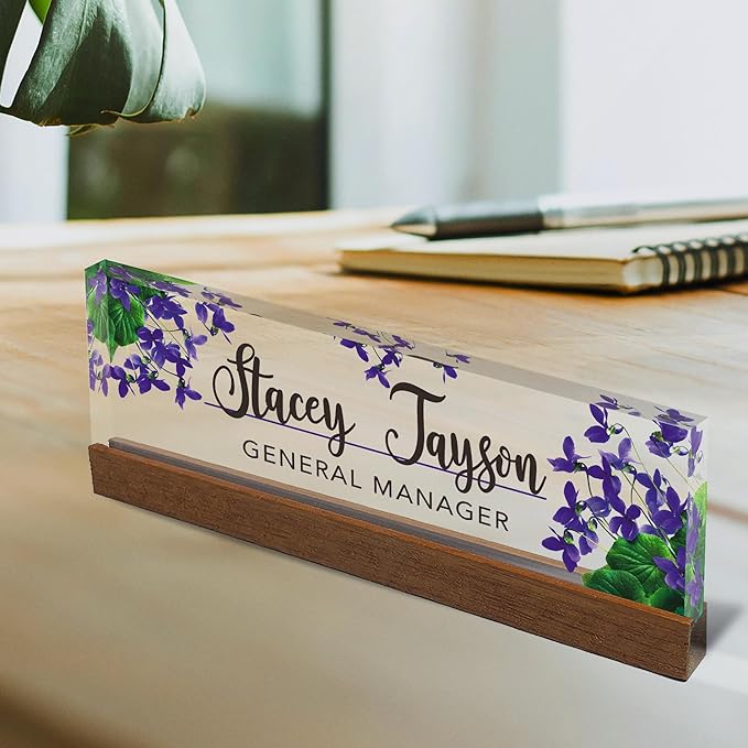 Artblox Personalized Office Desk Name Plate and Business Card Holder | Clear Acrylic Glass with Teak Wood Stand | Violets Flowers Design Customized with Your Name and Credentials Office Desk Décor