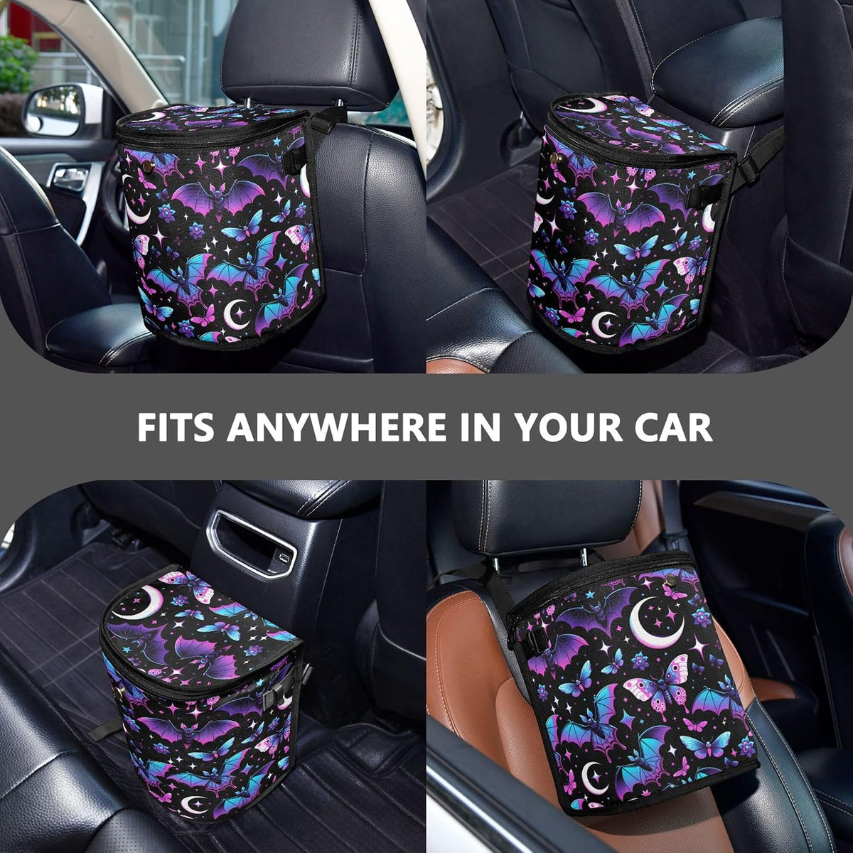 Mnsruu Car Trash Can with Lid, Neon Purple and Bats Stars and Moons Car Trash Bag Hanging Organizers and Storage for Front Back Seat, Leak-Proof Trash Bin