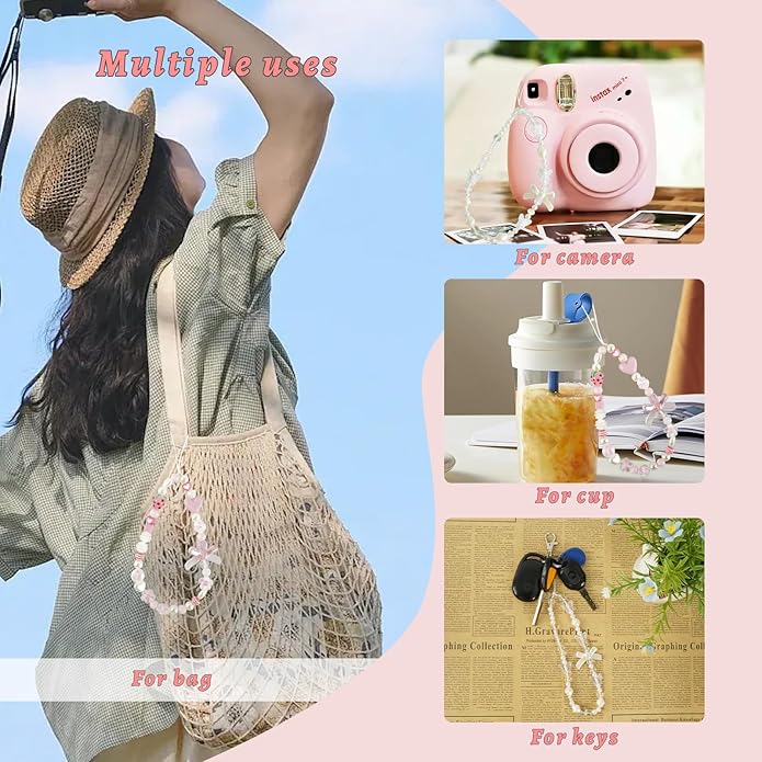 Pink Beaded Phone Wrist Straps, Y2K Phone Case Charms Camera Charm Strap