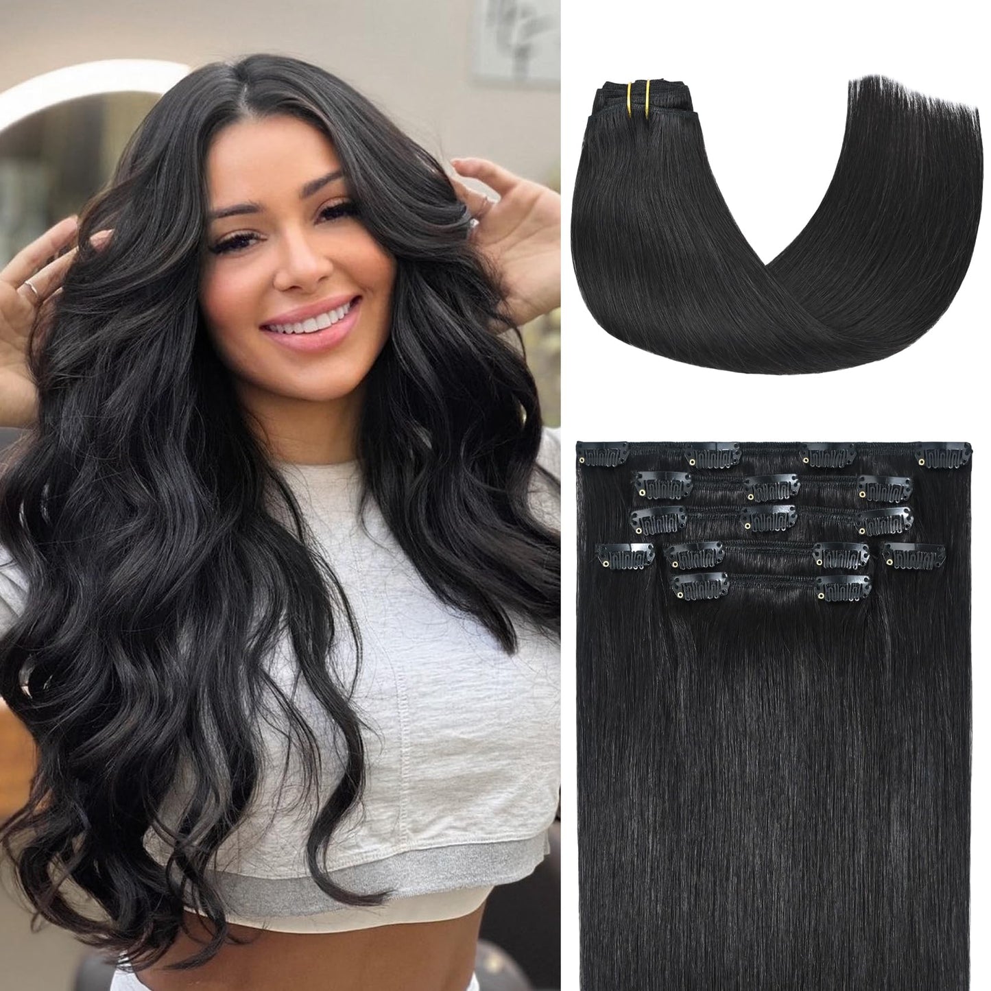Honsoo Black Clip In Hair Extensions Real Human Hair Natural Black 70G 7Pcs 15Inch Straight Real Clip In Natural Hair Extensions