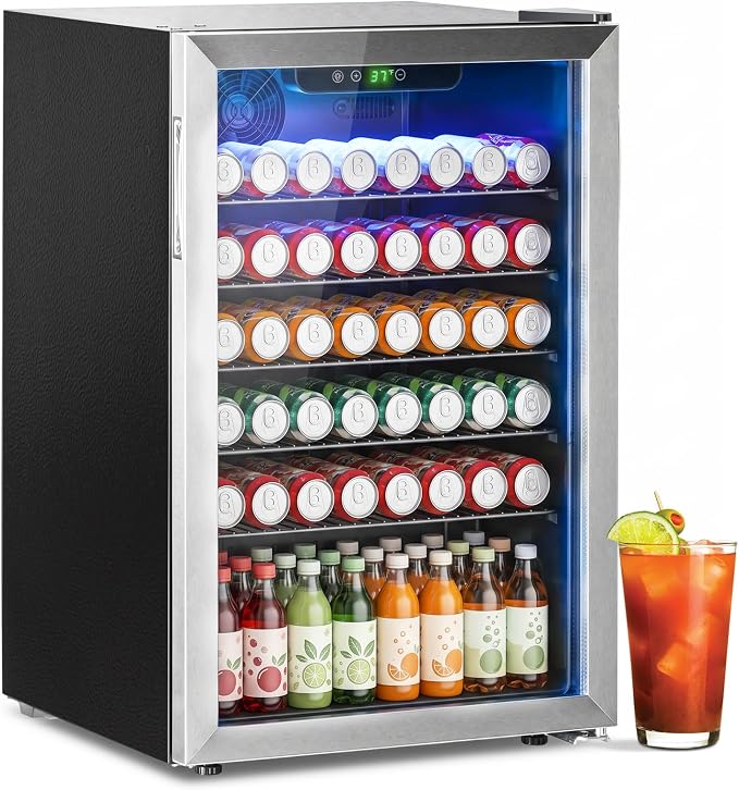 Stopasd Compact Beverage Refrigerator, 4.5 Cu.Ft/145 Can Drink Fridge with Glass Door and Digital Display, Small Drink Fridge with Adjustable Shelves for Soda, Compact Fridge for Bar Office