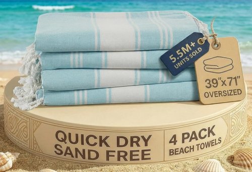 LANE LINEN Oversized Beach Towel - Quick Dry & Sand Free 4 Pack, Extra Large 39"x71", Aqua