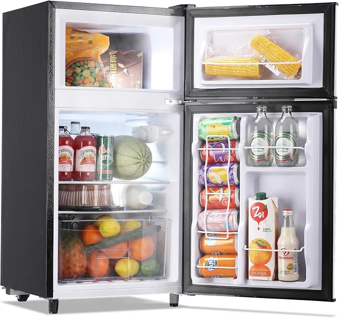 Mini Fridge with Freezer Two Doors Compact Refrigerator with 7 Setting Adjustable Thermostat Crisper Drawer & Removable Shelves Extra Drink Space Low Noise Freezer-on-Top Refrigerator, Silver