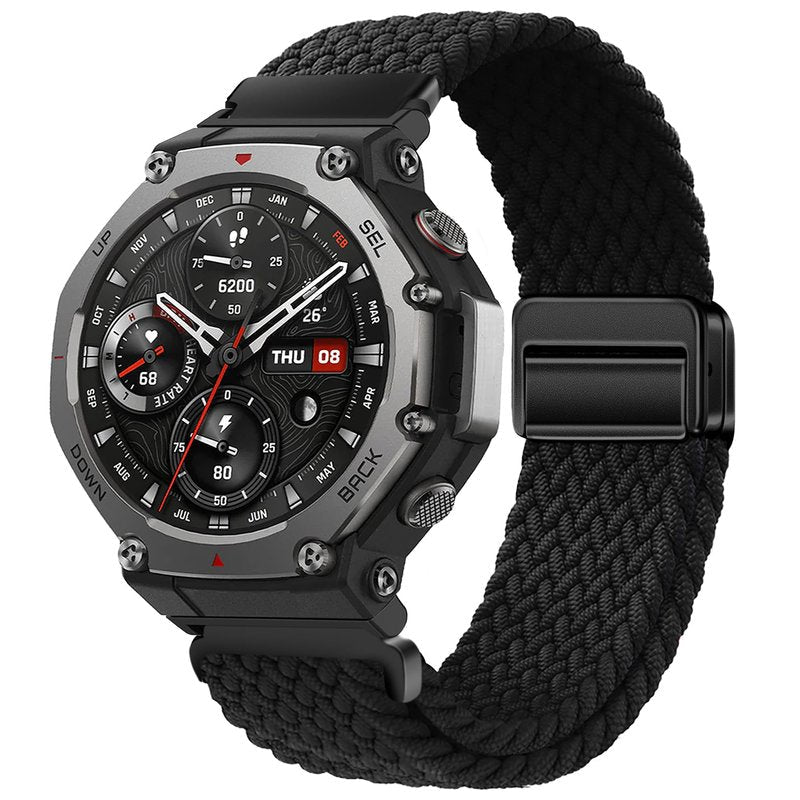 PONATTENO Braided Band Compatible For Amazfit T-Rex 3, Magnetic Adjustable Buckle Design, Breathable Soft Elastic Replacement Strap Sport Wristband For T-Rex 3 48mm (Black)