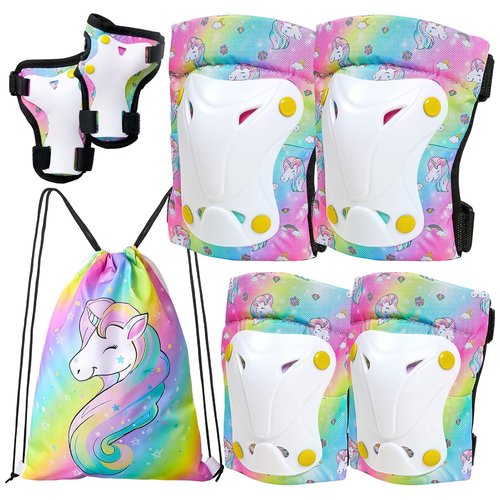 FIODAY Kids Knee Pads Set - Adjustable Protective Gear with Elbow Pads & Wrist Guards | Rainbow, 3-8 Years