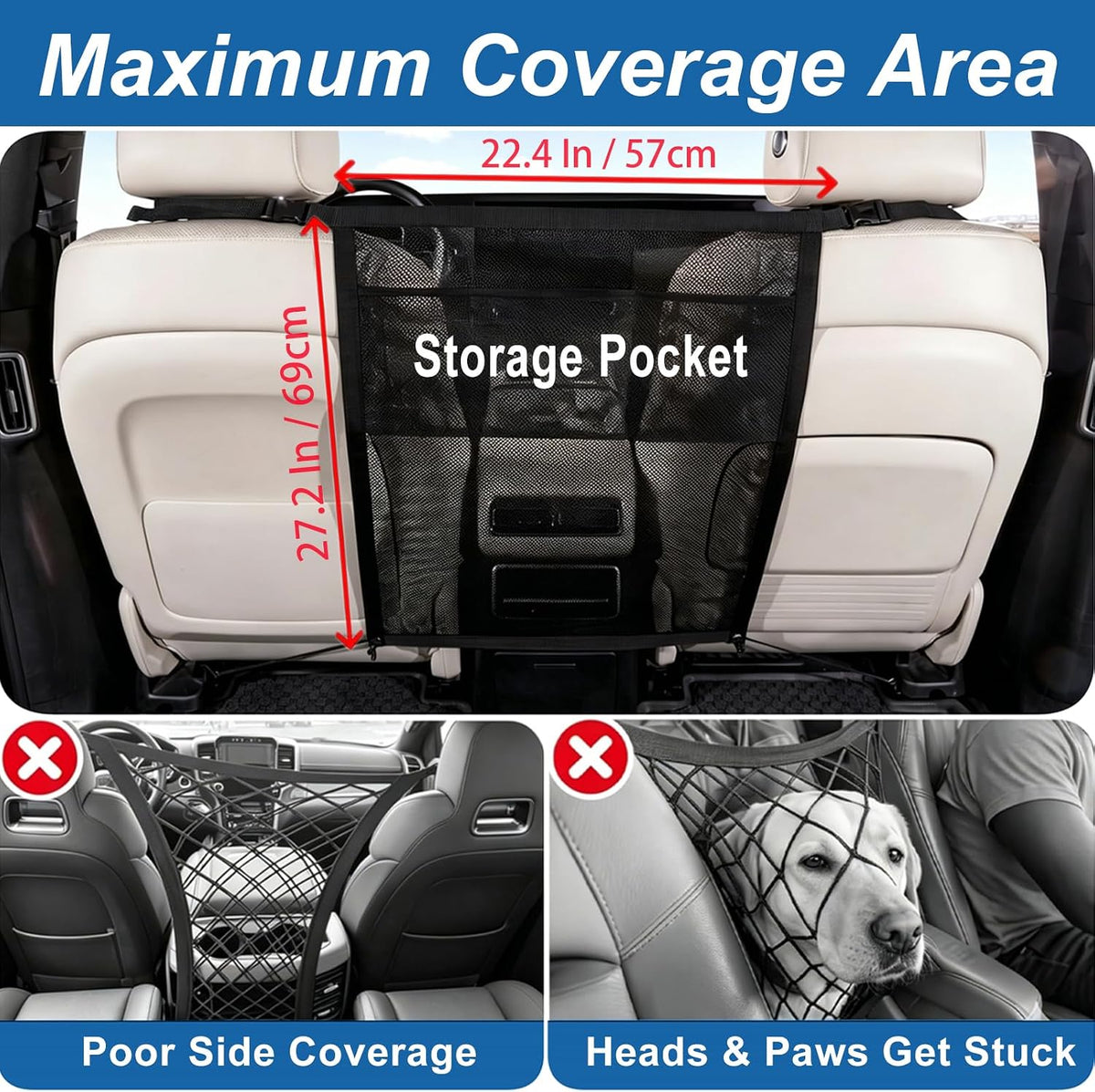 Dog Car Barrier for Backseat Safety, Dog Gate for Car with Mesh Storage Pocket, Pet Net Divider for Car SUV Truck, Car Divider for Dogs, Durable Scratch-Resistant Net, Universal Fit Easy Install