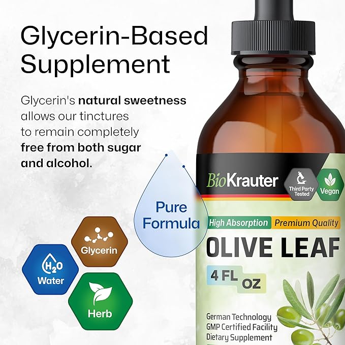 BIO KRAUTER Olive Leaf Extract Liquid - Olive Leaf Tincture for Immune Support - Alcohol and Sugar Free - Vegan Drops 4 Fl.Oz.