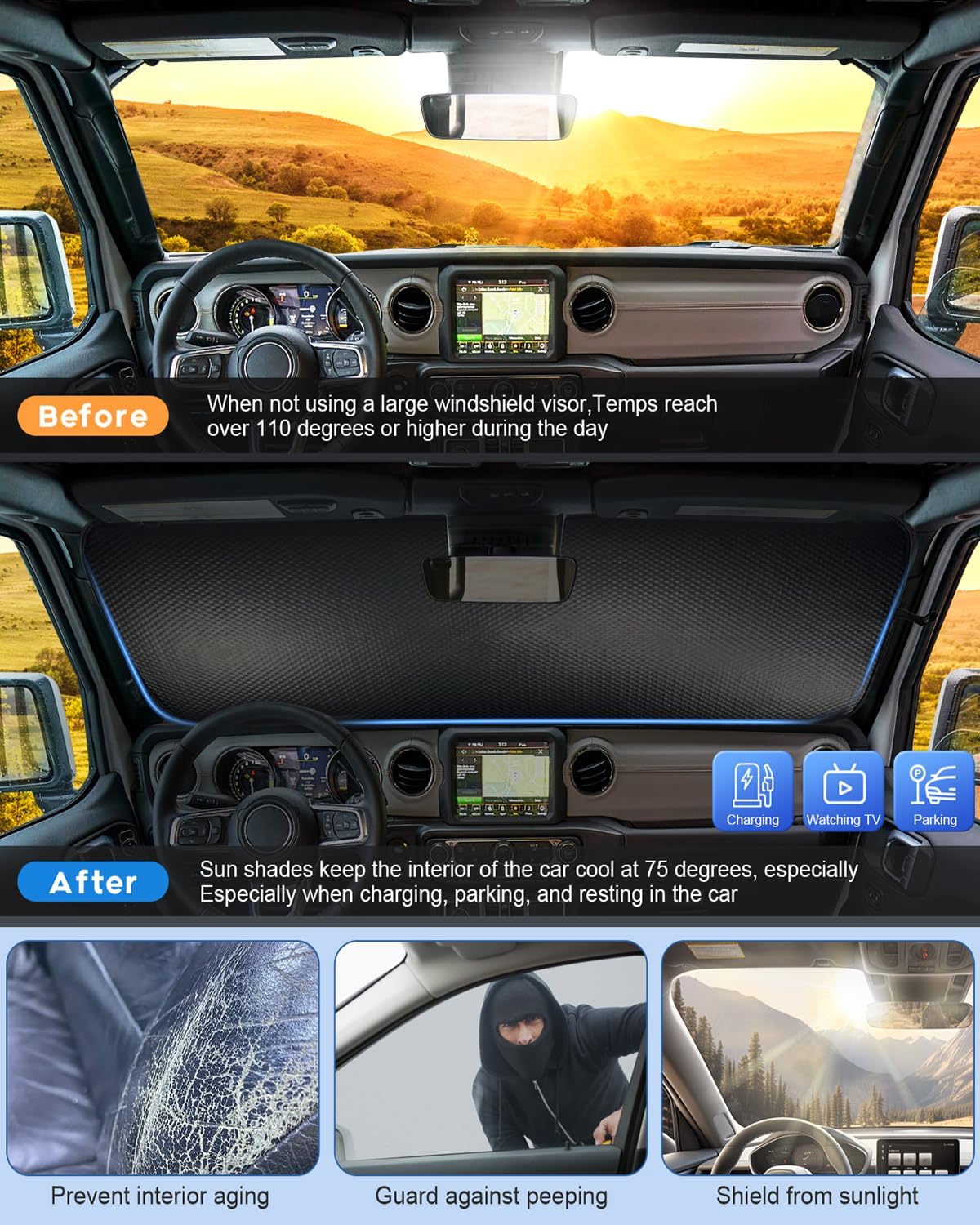 Cute Windshield Sun Shade for Jeep Wrangler TJ JK JL JKU JLU & Gladiator JT 1997–2026 | USA Flag Duck Pattern Funny Sunshade Heat Shield | Foldable UV Block Windshield Sun Visor for Jeep Wrangler