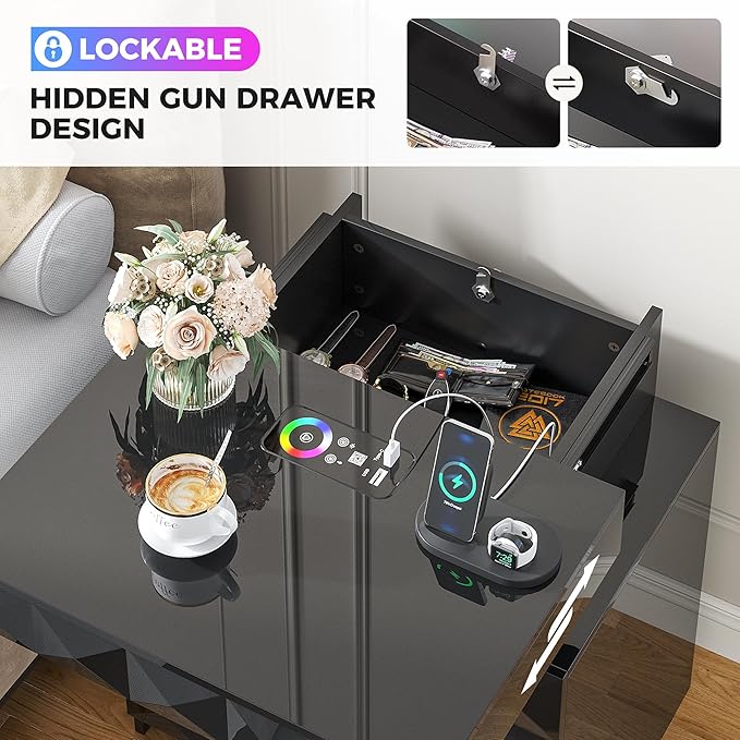 LED Nightstand with Charging Station,3 Drawers Night Stand with Lockable Hidden Storage,Smart Bedside Table with Human Sensor RGB Lights for Bedroom,Black