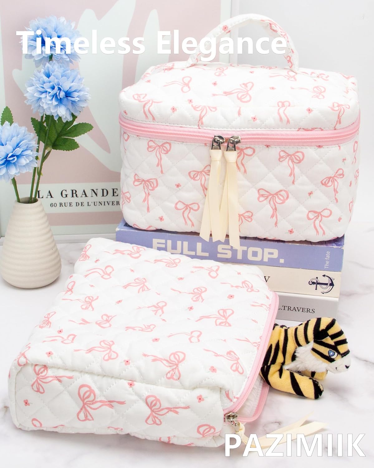 Quilted Makeup Pouch for Women, Travel Cosmetic&Toiletry Bag,Bow Pink