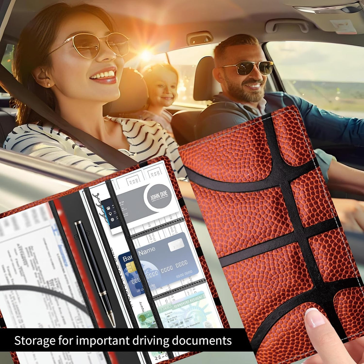 Premium Car Registration and Insurance Card Holder, Cute PU Leather Car Document Holder, Vehicle Glove Box Car Organizer with Magnetic Closure for Driver License, Cards Basketball Texture