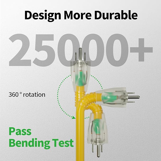 POWGRN 2 Pack 50 ft 12/3 Outdoor Extension Cord Waterproof Heavy Duty with Lighted Indicator End 12 Gauge 3 Prong, Flexible Cold-Resistant Long Power Cord Outside, 15Amp 1875W SJTW Yellow ETL Listed