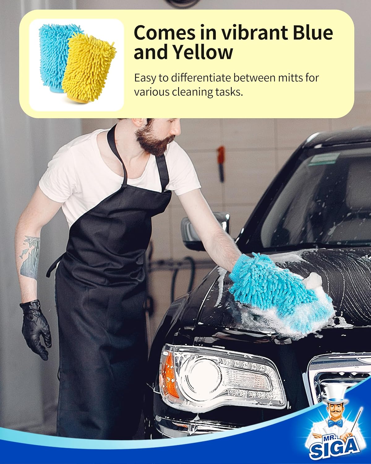 MR.SIGA Premium Microfiber Soft Chenille Car Wash Mitt, Pack of 2, Blue & Yellow