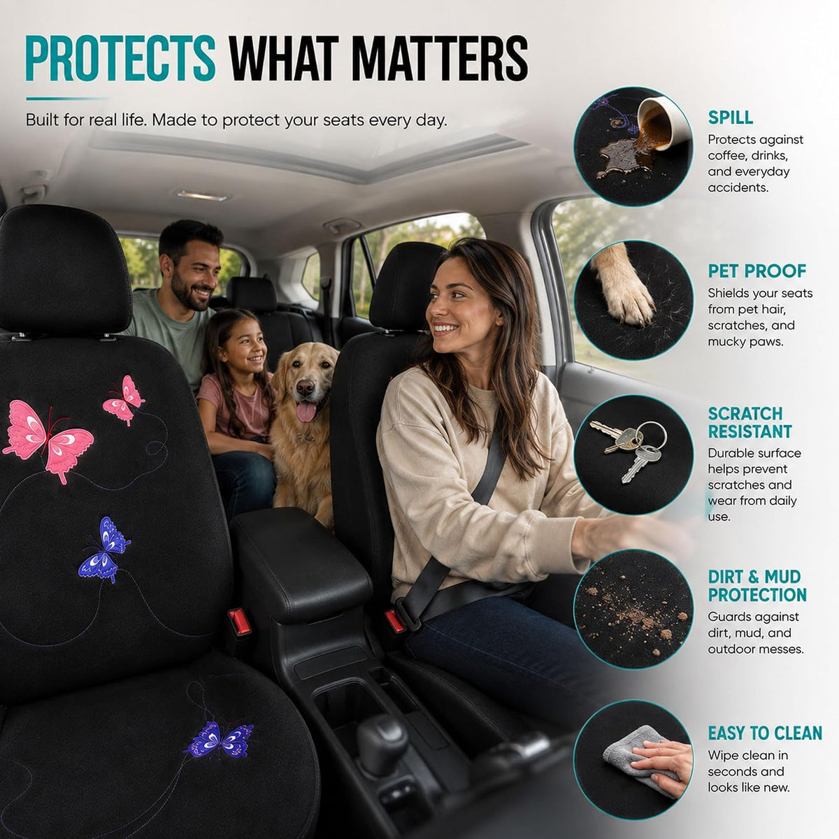 FH Group Full Set Butterfly Cloth Car Seat Covers - Universal Fit, Low Back Front Seat Covers, Solid Back Seat Cover, Washable Seat Cover for SUV, Sedan, Van, Black