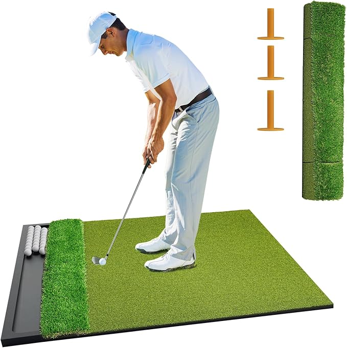 Golf Hitting Mat with Ball Tray 5x4ft - 6x4ft Dual-Turf Practice Mat for Indoor & Outdoor Use Golf Training Mat with Rubber Tee Holes, Suitable for Swing Driving & Chipping