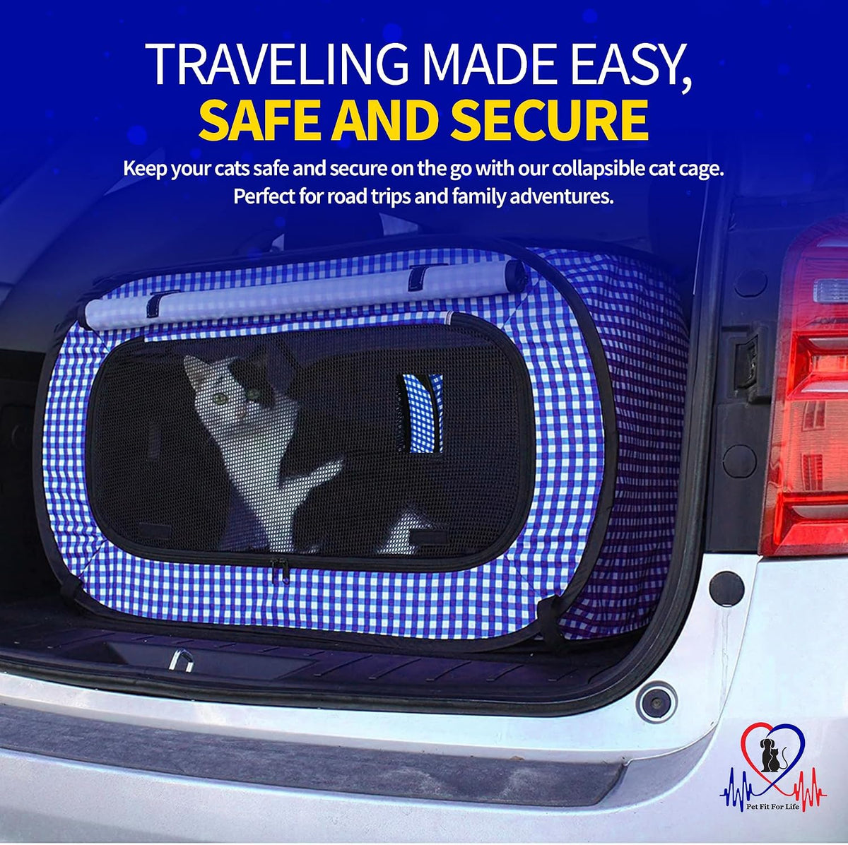Pet Fit For Life Extra Large Cat Carrier for Travel - Foldable & Portable Collapsible Kennel with Litter Box, Feather Toy & Water/Food Bowl - Ideal for Cars, Long Trips & Indoor Cats - Blue Checkers