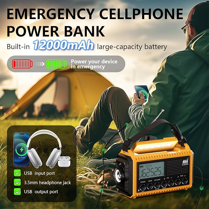 Emergency Radio12000mAh, Weather Radio 6 Ways Powered, Solar Hand Crank Radio