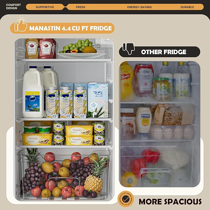 4.4 Cu.Ft Mini Fridge Freezer for Dorm/Office, 2-Door, Quiet | 4.4 cu ft mini fridge with separate freezer, quiet 38dB for sleep, 7-level thermostat, adj shelves, for dorm/office/kitchen.