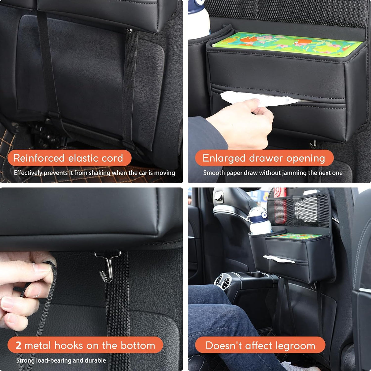 PU Leather Premium Car Headrest Back Seat Cup Holder, Multifunctional Seat Back Organizer with Tissue Holder Storage Pockets & Hooks (Black)