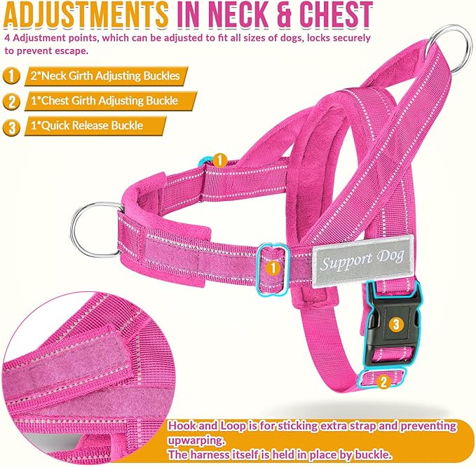 SlowTon No Pull Dog Harness - Heavy Duty Dog Harness and Leash Set for Medium Large Dogs, Reflective Tactical Harness with Soft Padded and Front Clip for Easy Walk and Training (Fuchsia L)
