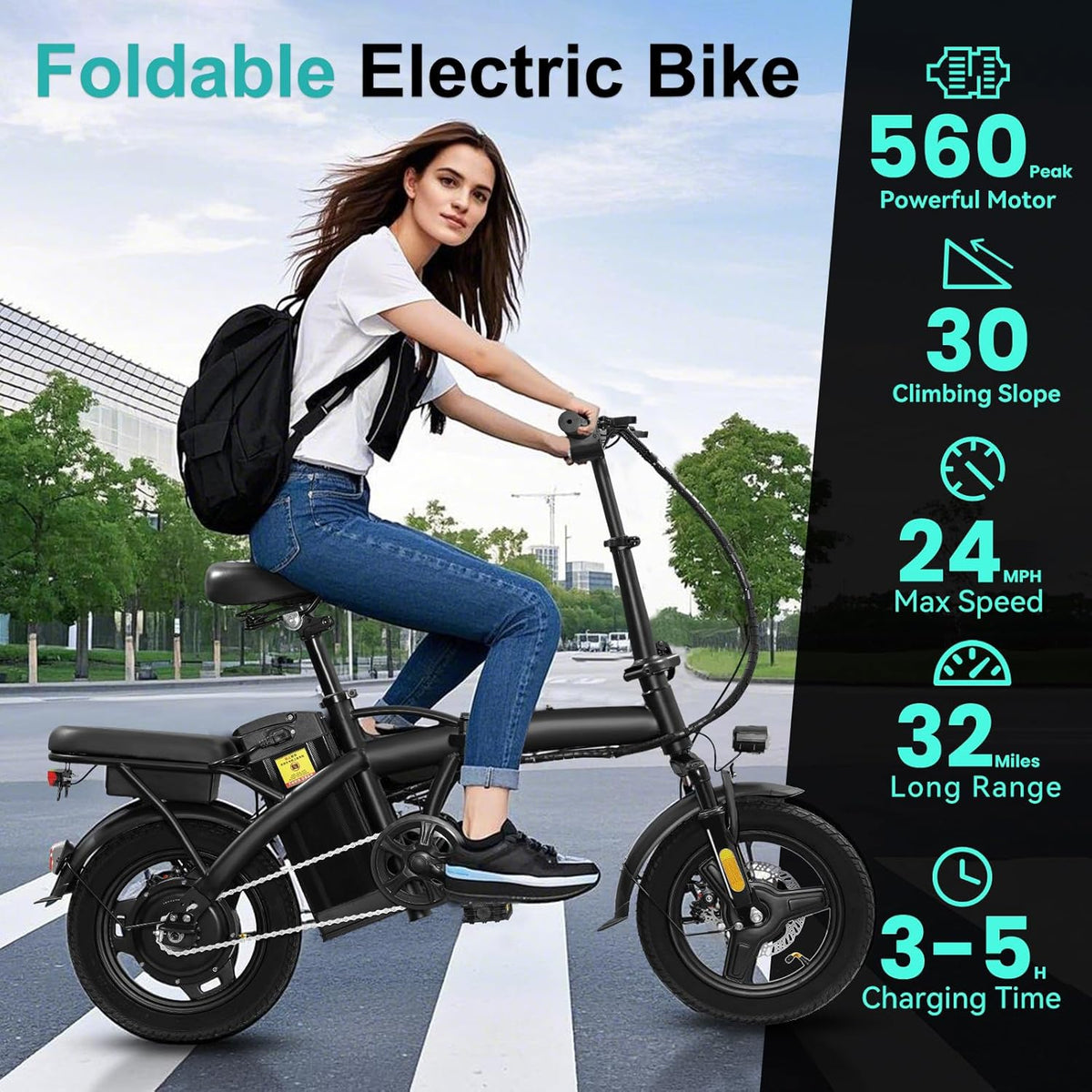 Skiennix Electric Bike - Compact Folding Ebike with 560-740W Motor & 32 Miles Range | 14" Design