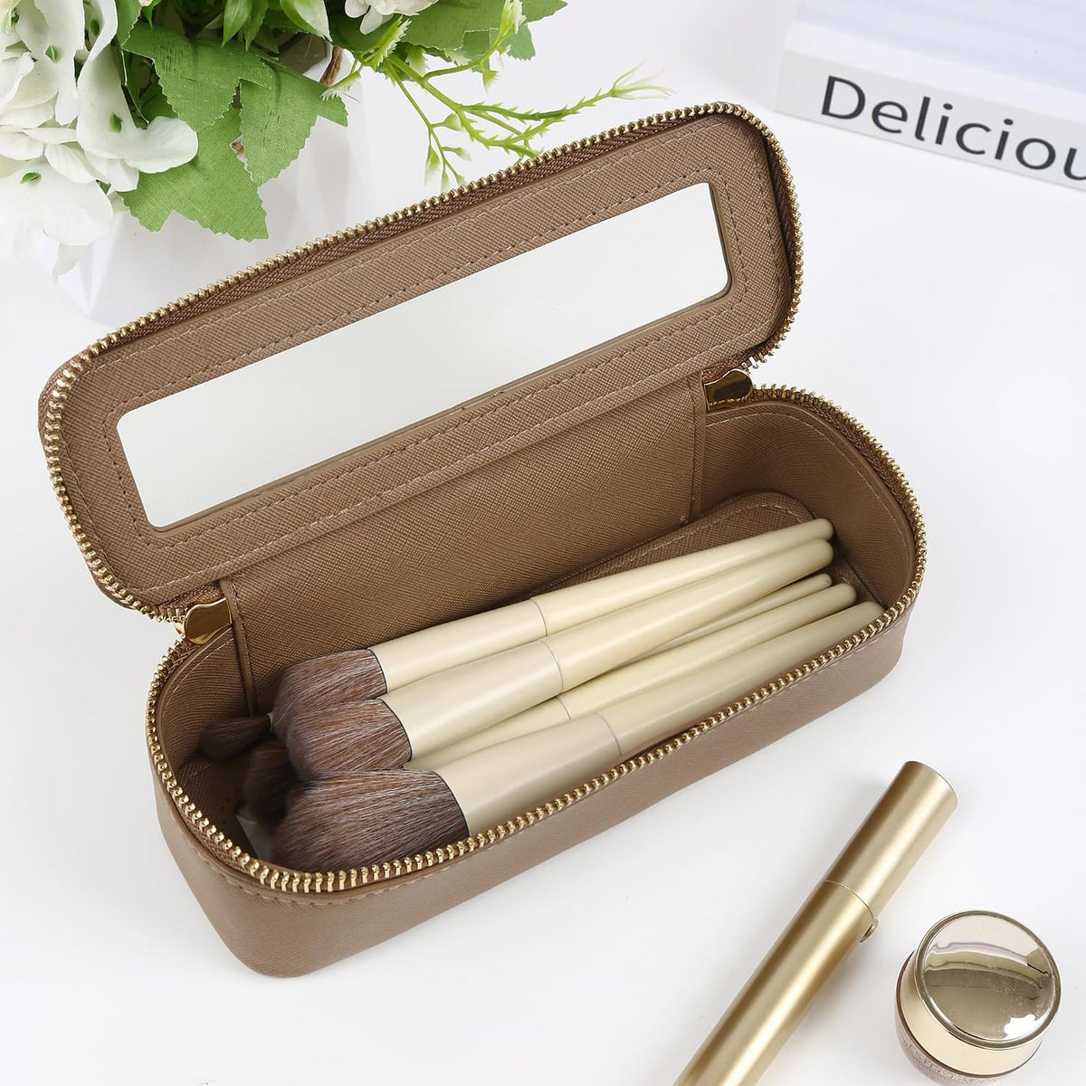 Aveniee Clear Makeup Brush Bag, Slim Cosmetic Brush Holder, Small Travel Toiletry Bag for Women, Thin Make up Bags with Dual Zipper, Mini Travel Essentials Organizer - Taupe