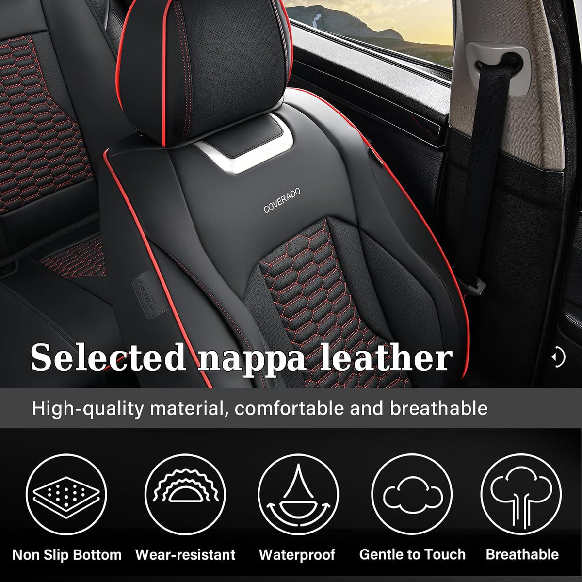 Coverado Front Seat Covers, Car Seat Covers Front Seats, Nappa Leather Waterproof Seat Covers for Car, Car Seat Protectors, Automotive Seat Covers Universal Fit for Most Vehicles(Black&Red)