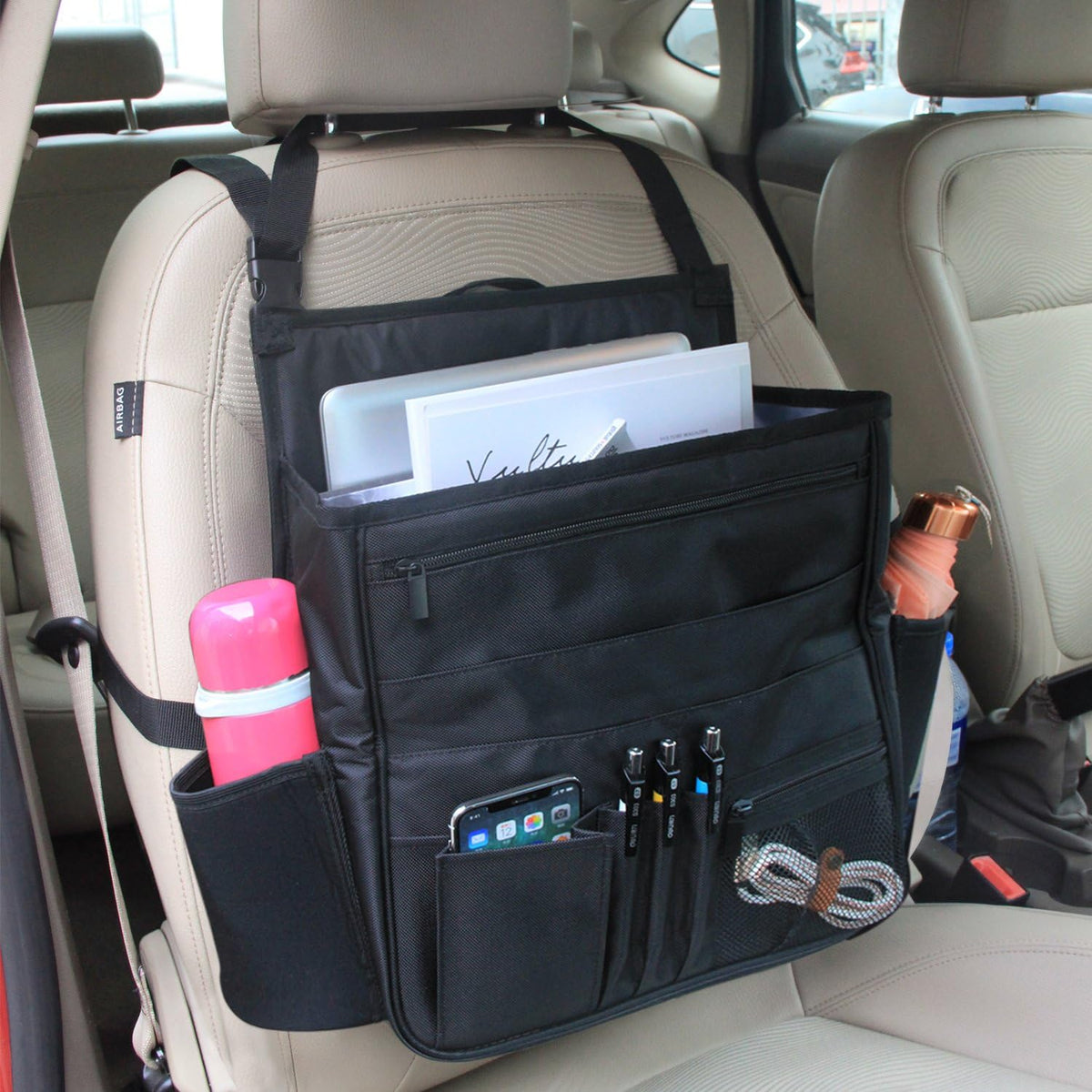 LUXJA Car Front Seat Organizer with Laptop and Tablet Storage Pockets, Car Seat Organizer with Back Adjustable Straps, Black