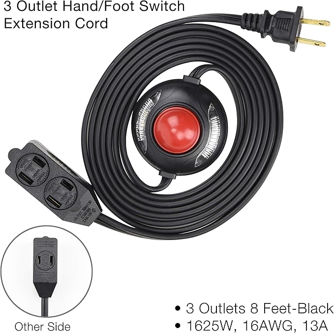 3 Outlet Extension Cord with Hand/Foot Switch and Light Indicator with Safety Twist-Lock, 16/2, Black, UL Listed