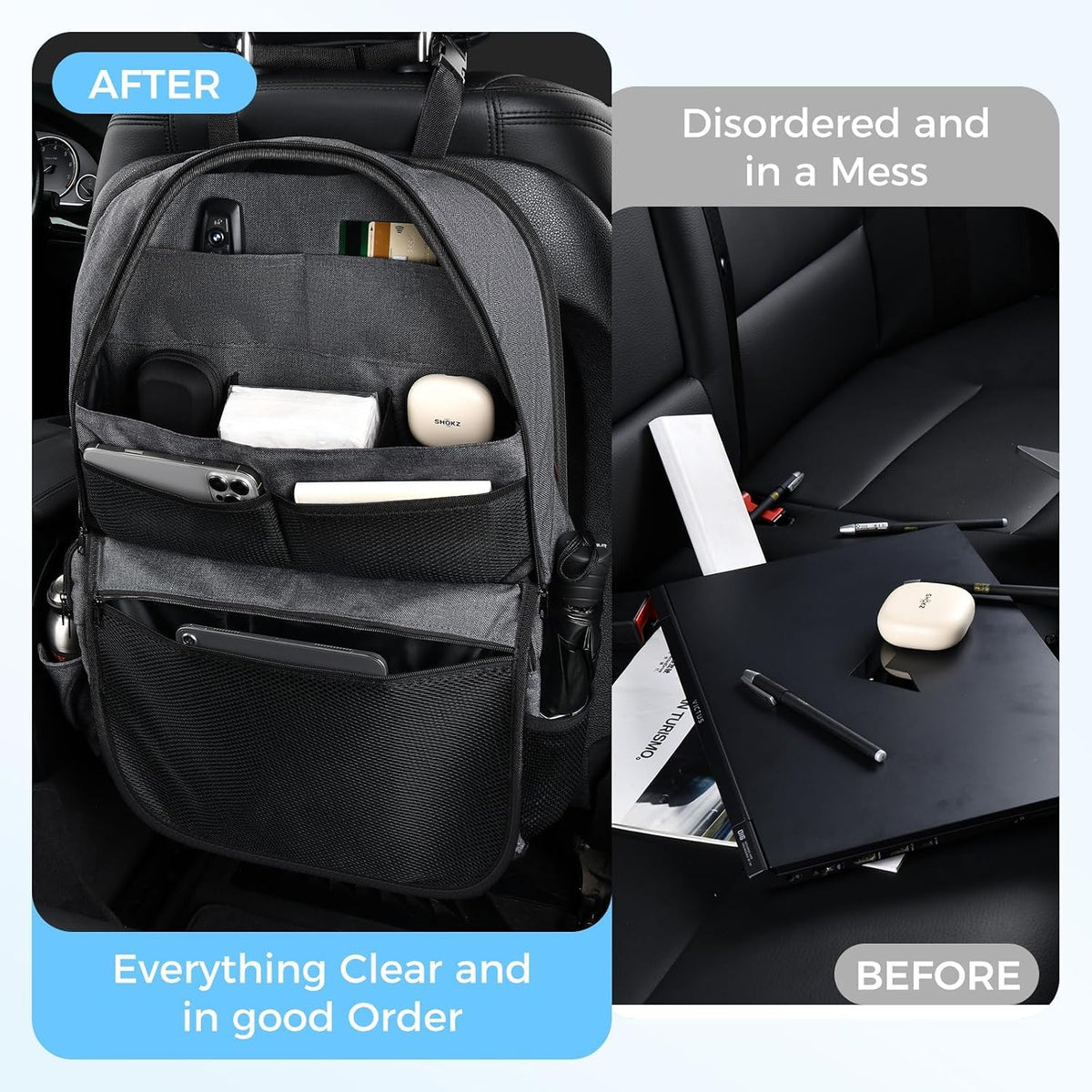 Coverado Backseat Car Organizer, Heavy-Duty Durable Dual-Way Use Car Back Seat Organizer Waterproof with Reinforced Pockets, Zipper Closure Design, Protect Valuables from Spills, Keeps Car Tidy
