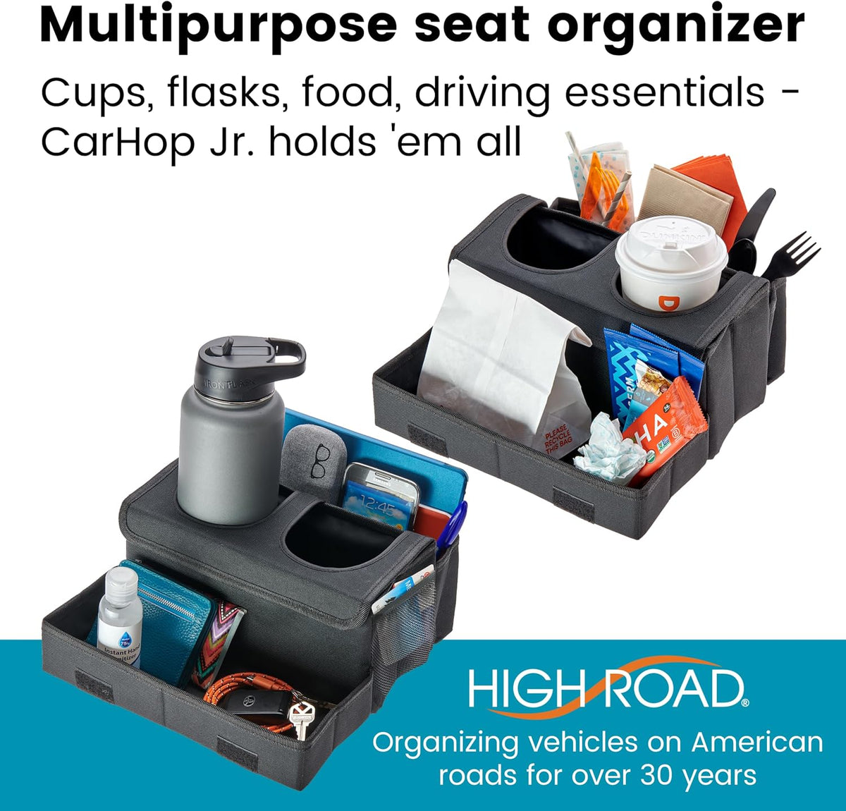 High Road CarHop Jr - Car Organizer with Cup Holders and Storage or Eating Tray for Car - Front Seat Organizer for Drivers and Back Seat Organizer for Kids and Adults
