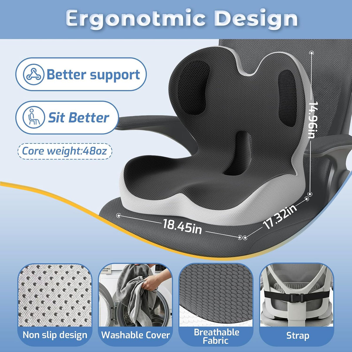 Ergonomic Seat Cushion with Lumbar Support Pillow for Office and Car