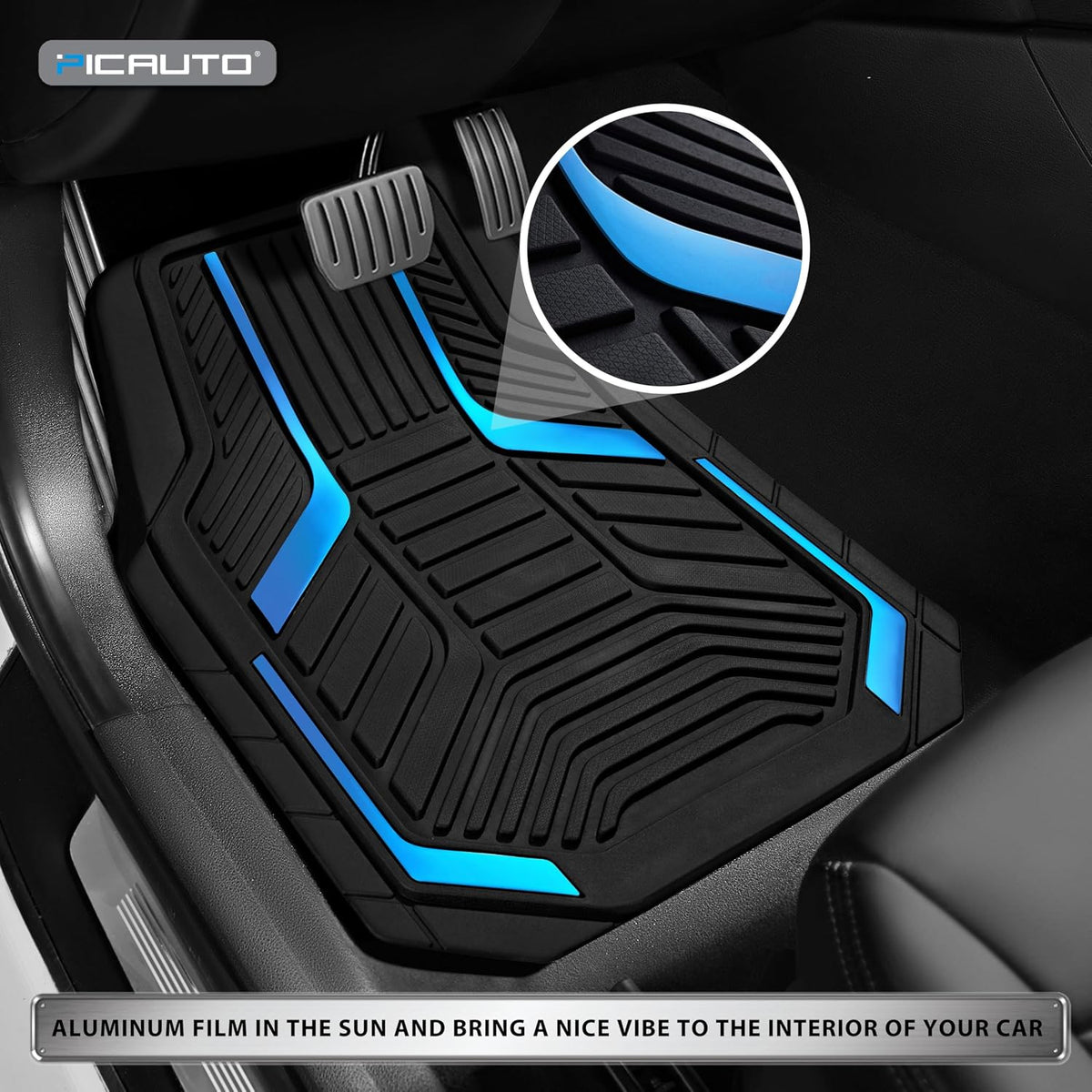 PIC AUTO Heavy Duty Rubber Floor Mats, Blue Aluminum Film Car Mats Set, Front and Rear Car Mats with Anti-Slip Backing, All Weather Protection, Trim-to-Fit for Automotive SUV, Sedan, Van