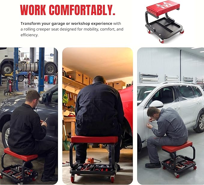 MaxWorks Mechanics Roller Seat - Heavy Duty 250 lb Capacity Rolling Creeper Stool with Padded Seat & 3-Section Tool Tray for Garage & Auto Repair (50875)