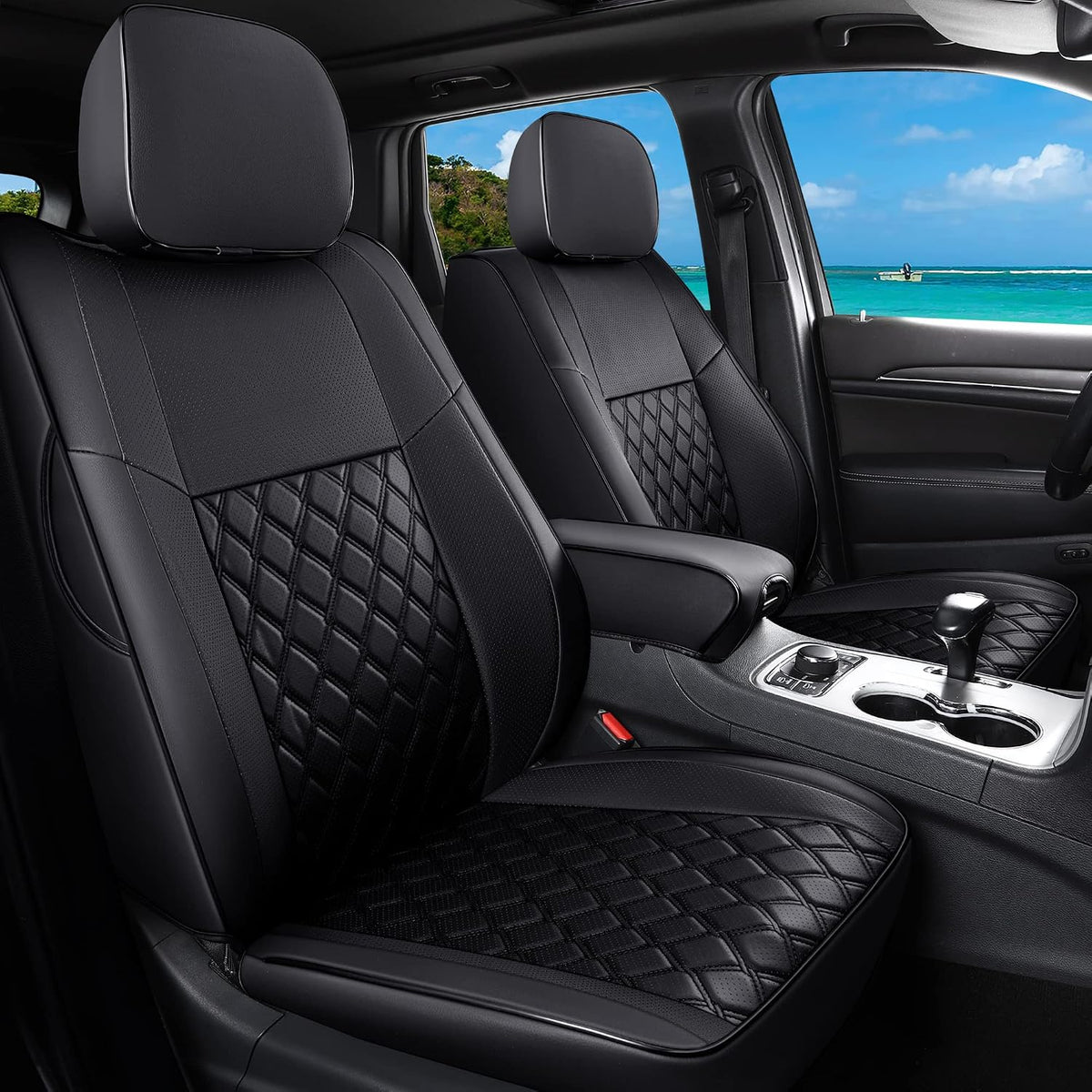 Huidasource Upgrade Jeep Grand Cherokee Seat Covers, Full Coverage Waterproof Leather Car Seat Covers, Custom Seat Cushion Protector Fit for Jeep Grand Cherokee 2011-2021 (Full Set/Black)