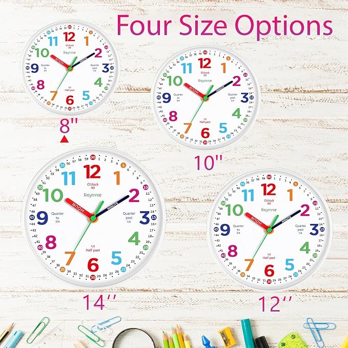 Roymnie Wall Clock for Kids Learning to Tell Time Non Ticking Battery Operated