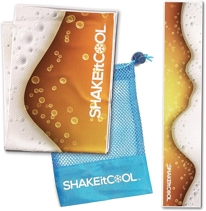 SHAKEitCOOL Original Cooling Towel – Be Cool in Style - Heat Relief, Soft, Lightweight, Sun Protection, Easy Clean - Perfect for Biking, Running, Yoga, Gym, Gardening - Beer